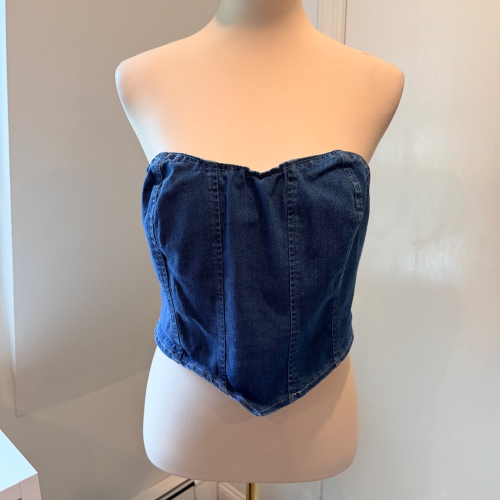 SHEIN Blue Denim Corset Tube Top Zip Back Handkerchief Hem | Size M